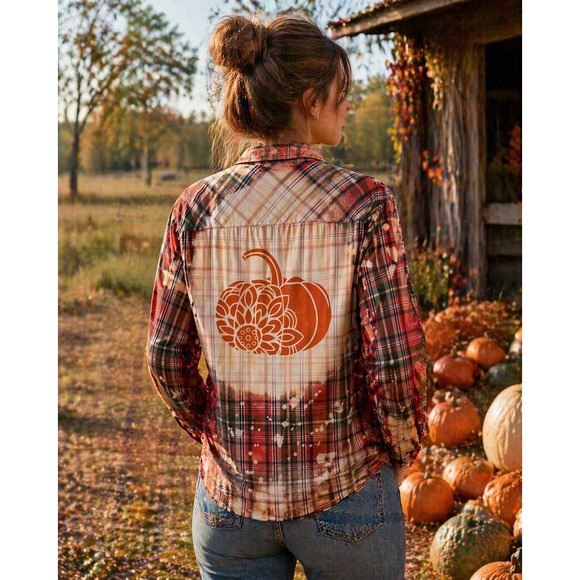 Rue21 Tops - Rue21 Black Bleached Flannel Shirt Red Plaid Pumpkin Graphic Fall Top Womens L